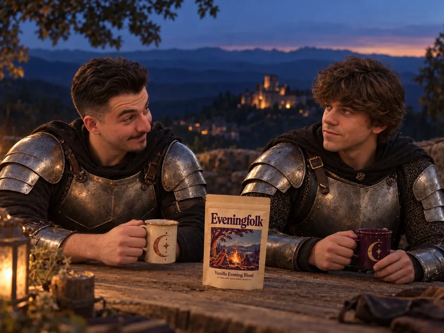 Two knights sharing Eveningfolk mugs beside a glowing castle at dusk